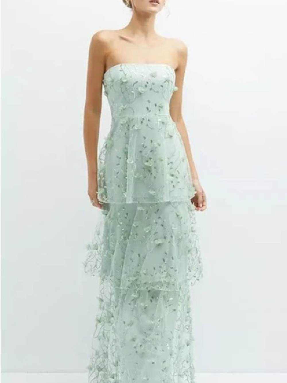 Strapless Mint Green Tiered Floral Appliqué Maxi Dress